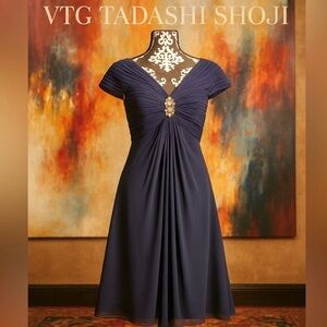 Tadashi Shoji, Royal Navy Ruched Chiffon Beaded Cocktail Dress EUC, Size 4P